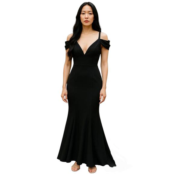 Calvin Klein Gown sz 4 Women Maxi Dress Black Off Shoulder Fit‎ & Flare Trumpet - Picture 1 of 11